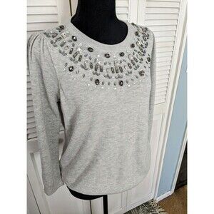 Charter Club Sweater Women's sz M Embellished 3/4 Puff-Sleeve Grey Rhinestones